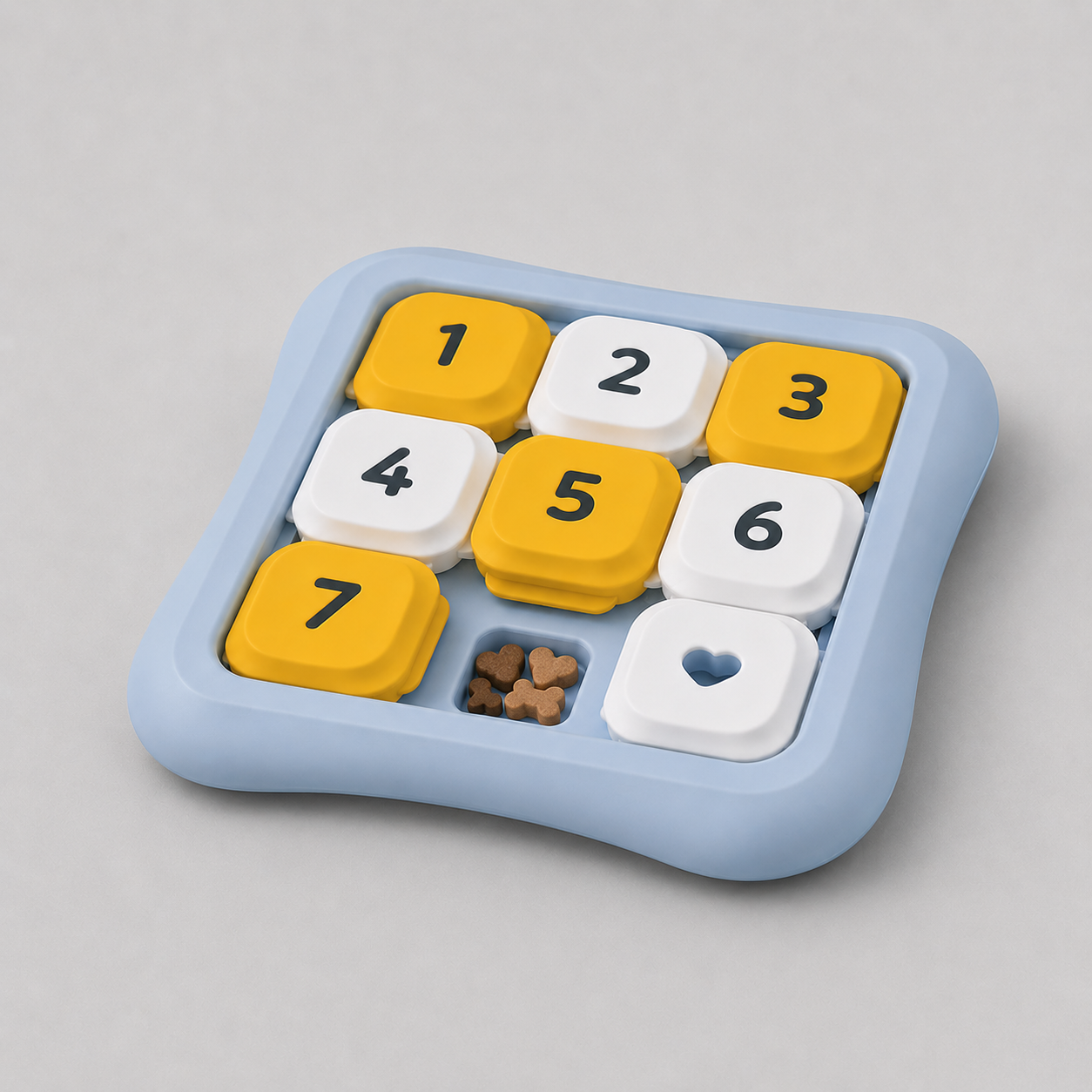 Dog puzzle toy with numbered and shaped pieces on a light grey background