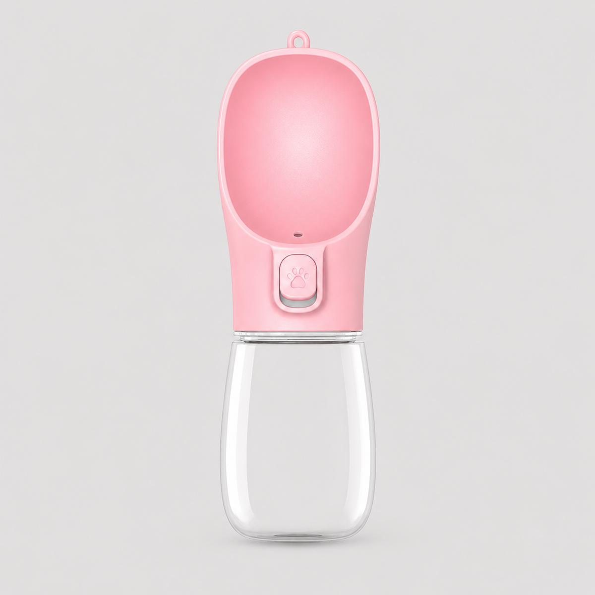 Pink pet water bottle with clear base on a light gray background