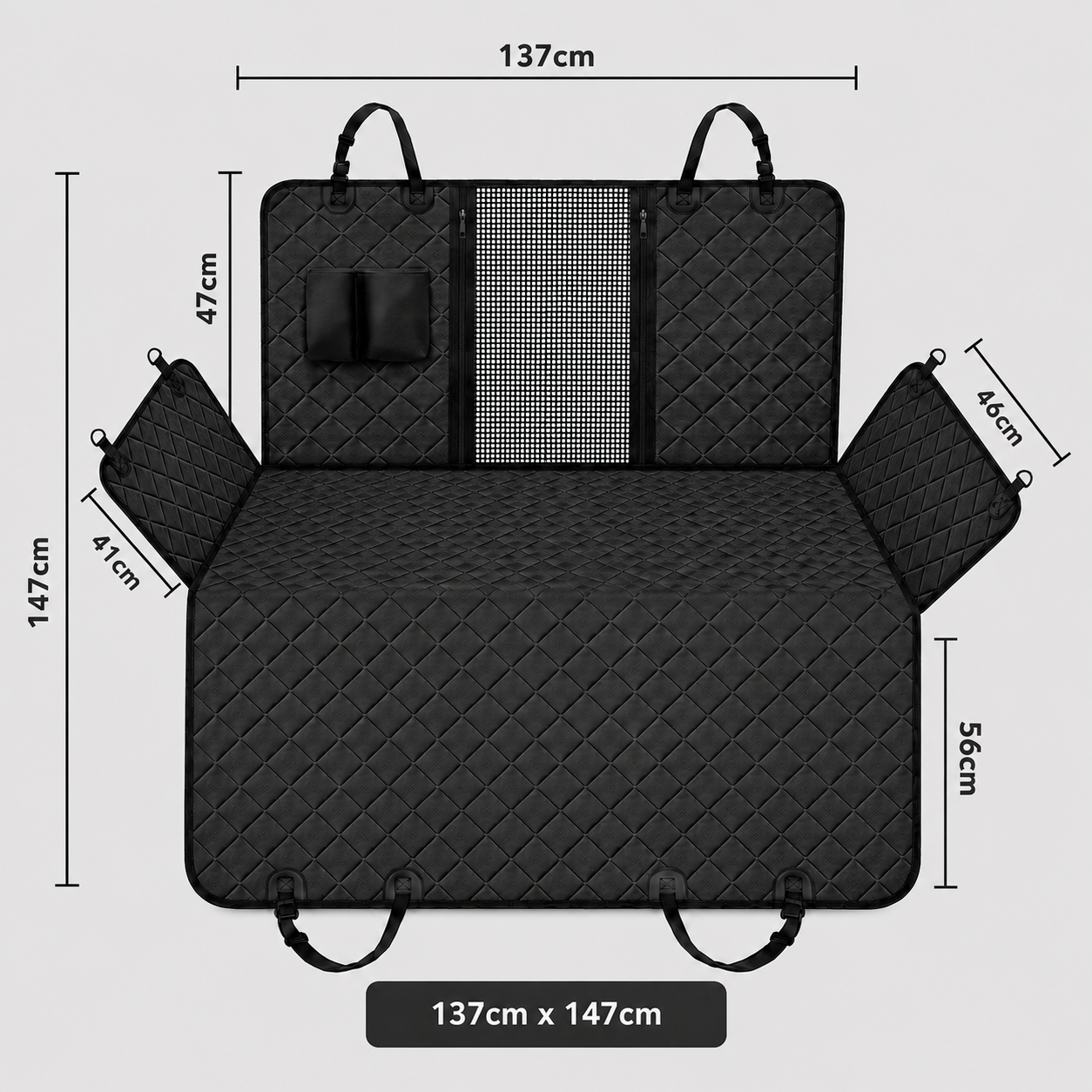 Pawmate black car seat cover with quilted pattern with dimensions on a light grey background