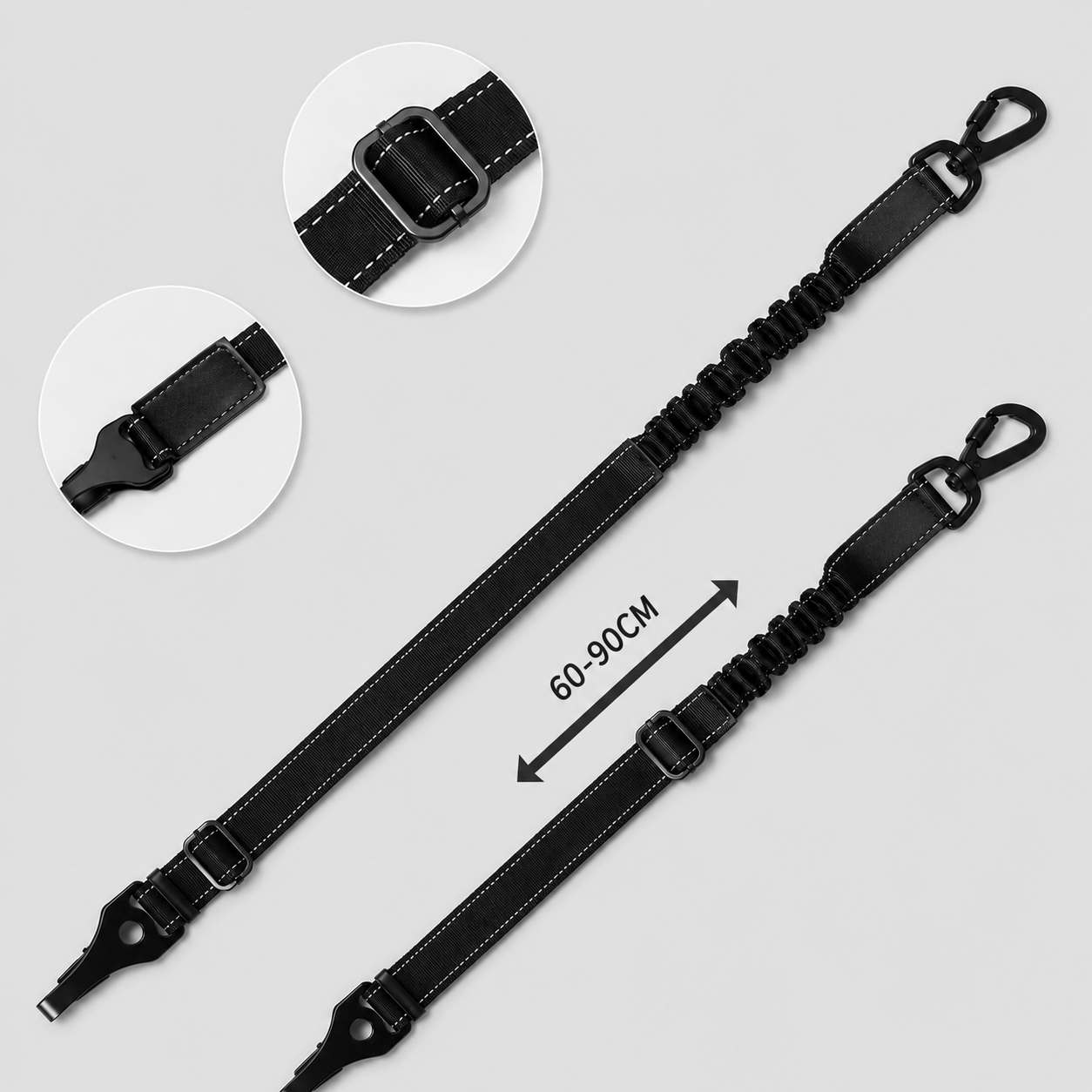 Pawmate Zero Shock Car Seat Belt Showing Different Lengths on a Light Grey Background