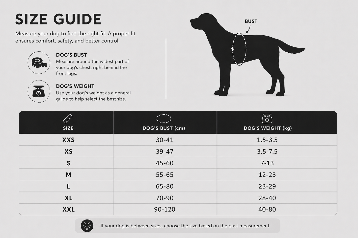 Dog size guide with measurements for bust and weight on a white background