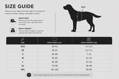 Dog size guide with measurements for bust and weight on a white background