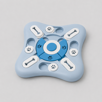 Blue and white puzzle toy for dogs on a grey background