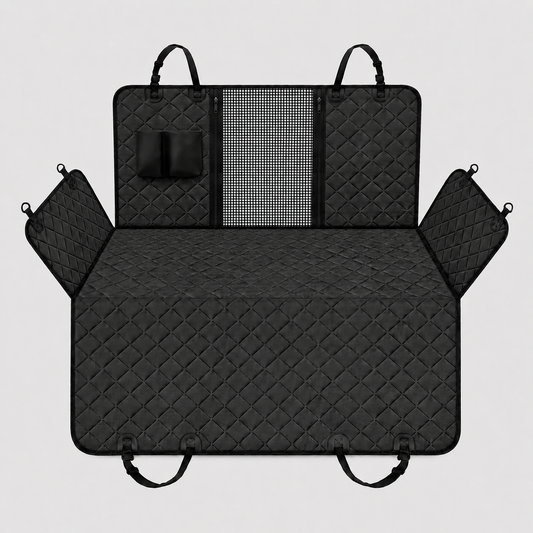 Pawmate black car seat cover with quilted pattern on a light grey background