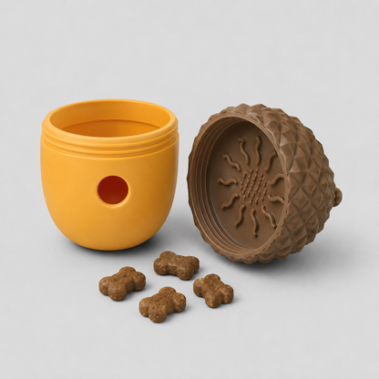 Yellow acorn dog toy with a brown lid featuring a scorpion design, accompanied by brown dog treats on a light grey background.