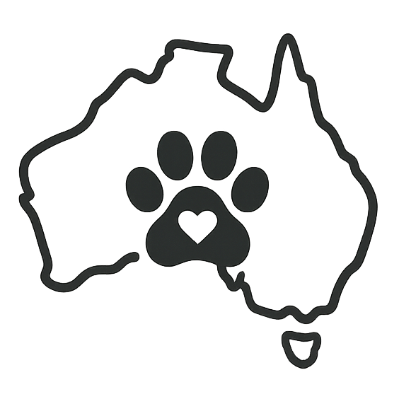 Map of Australia with a paw print and heart in the center on a white background