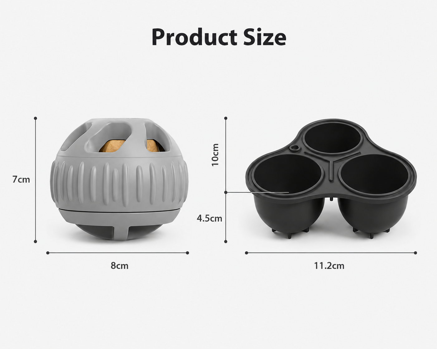Dimensions for Pawmate Chill'n Lick Light Grey textured ball and charcoal three-compartment mould on a light grey background