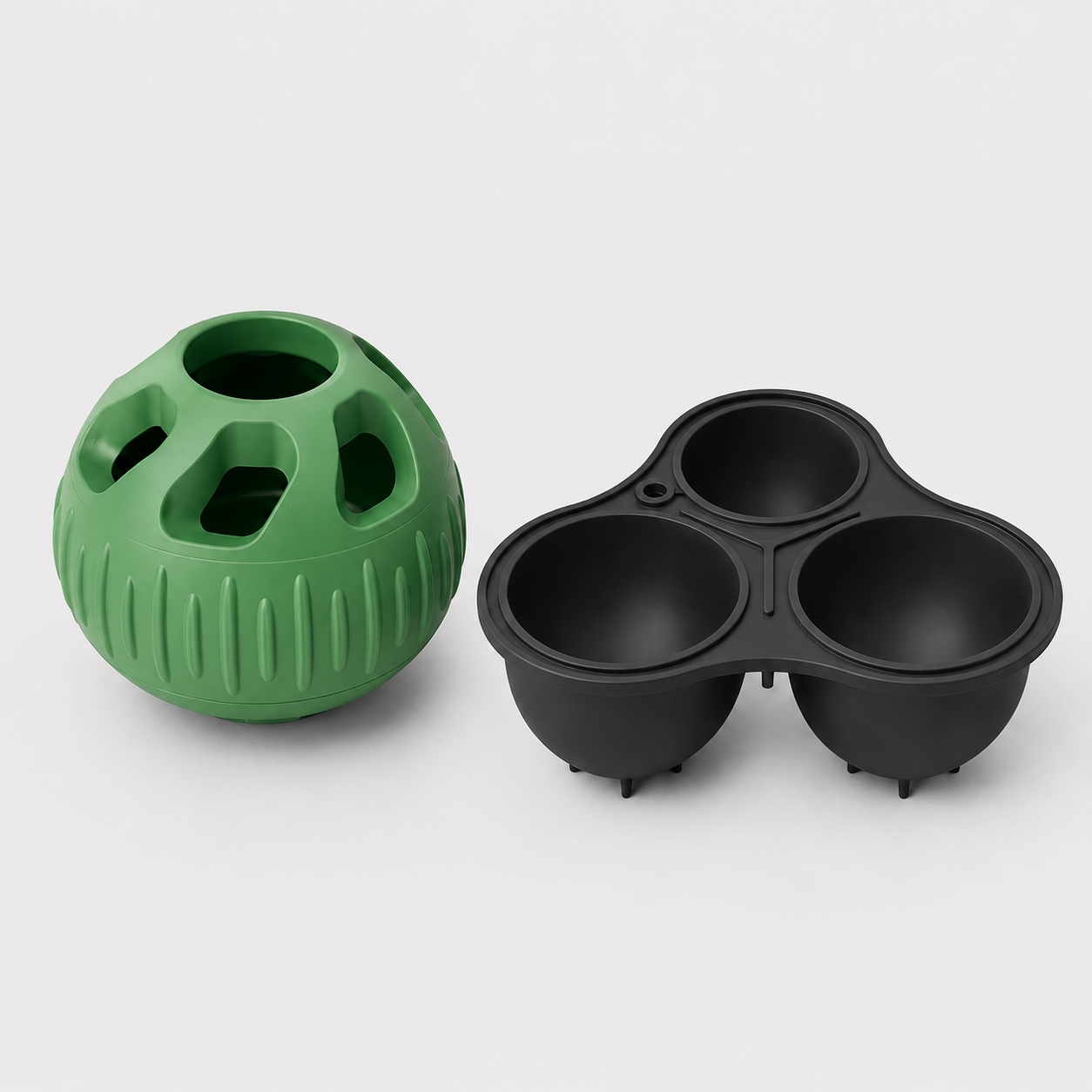 Pawmate Chill'n Lick Forest Green textured ball and charcoal three-compartment mould on a light grey background