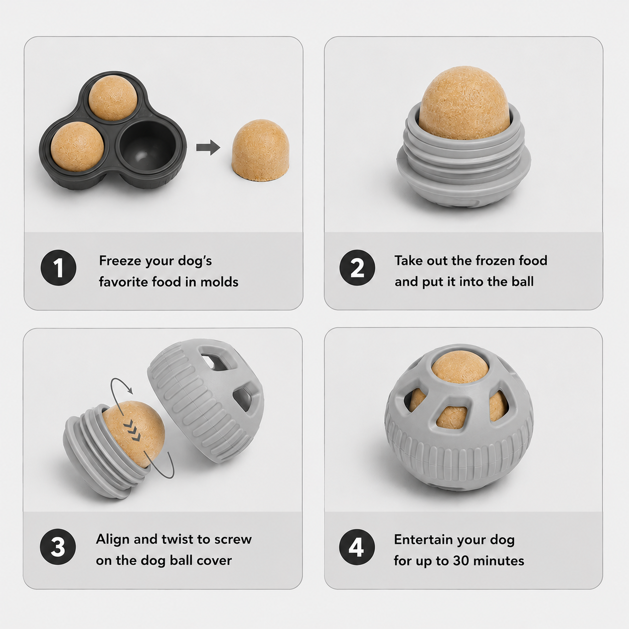 Step-by-step guide on how to use a frozen food ball maker with a grey ball and frozen food ball insert.