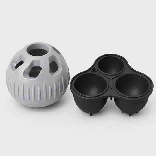 Pawmate Chill'n Lick Light Grey textured ball and charcoal three-compartment mould on a light grey background