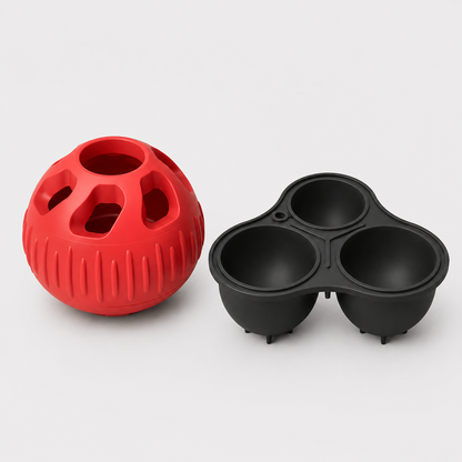 Pawmate Chill'n Lick Red textured ball and charcoal three-compartment mould on a light grey background