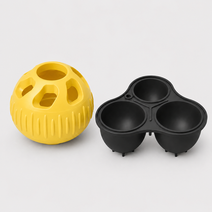 Pawmate Chill'n Lick Yellow textured ball and charcoal three-compartment mould on a light grey background
