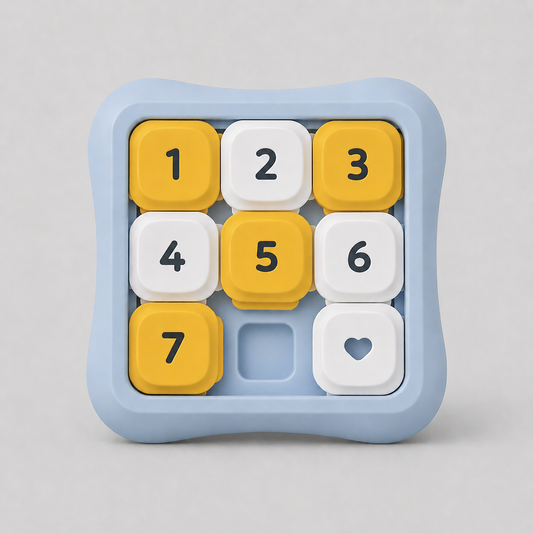Pawmate Count & Seek Puzzle Toy with numbered yellow and white tiles on a light blue base on a light grey background