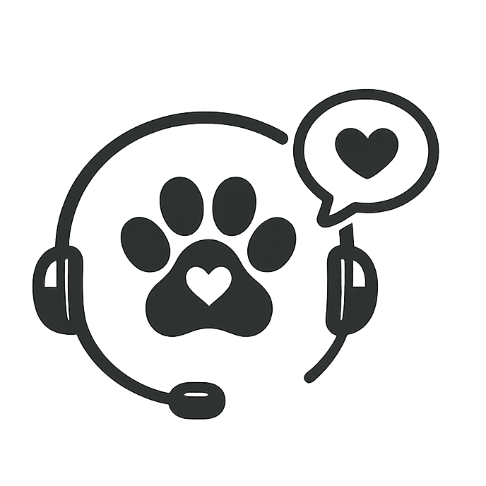 Icon of a headset with a paw print and heart symbol on a white background