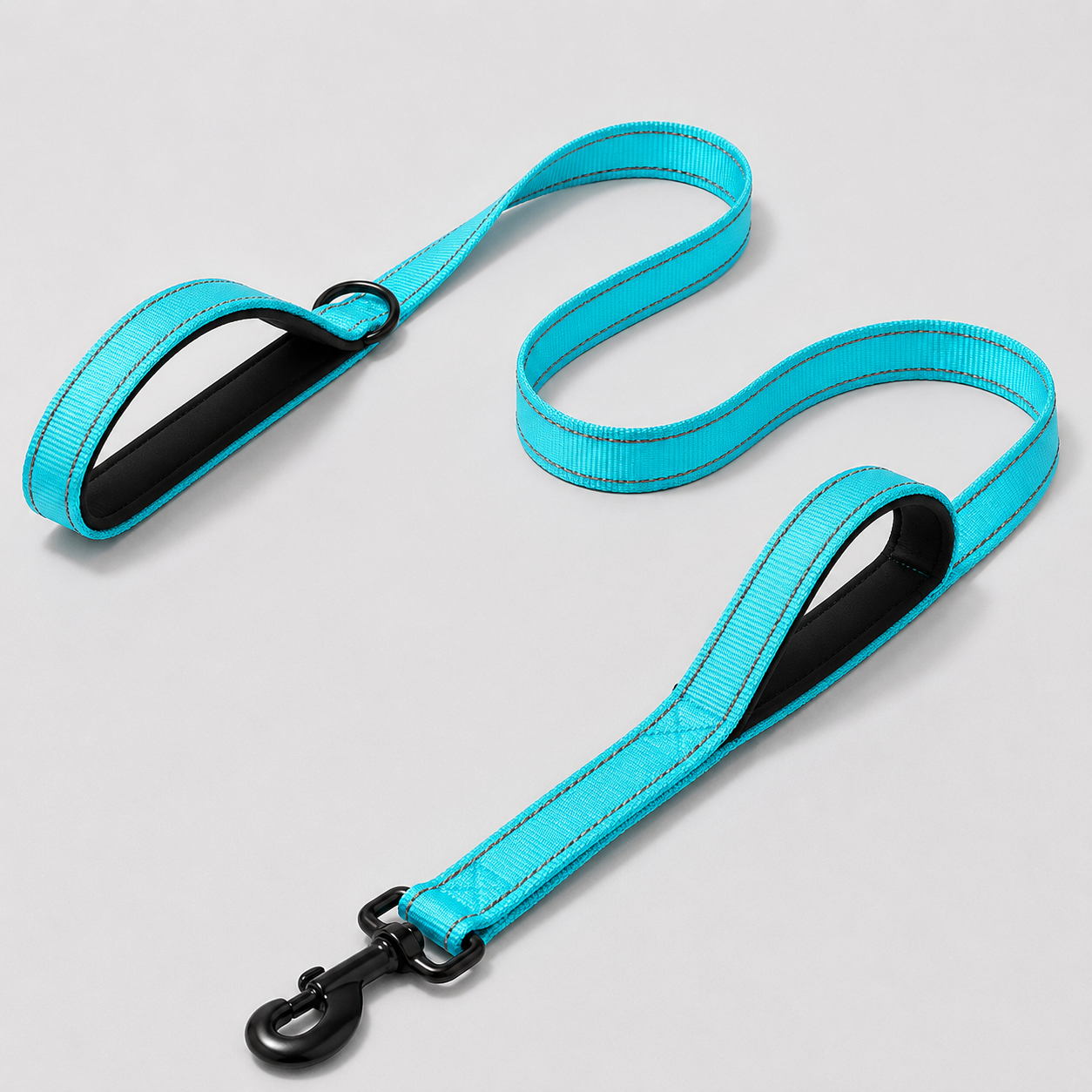 Cyan blue dog leash with black clip on a light grey background