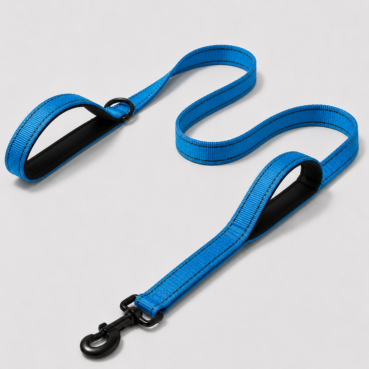 Blue dog leash with a black clip on a light grey background
