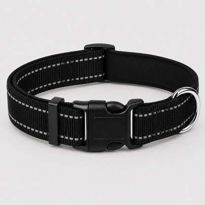 Black dog collar with reflective stripes on a light grey background