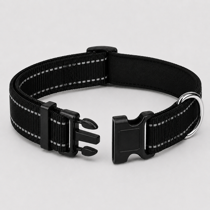 Black dog collar with reflective stripes on a light grey background