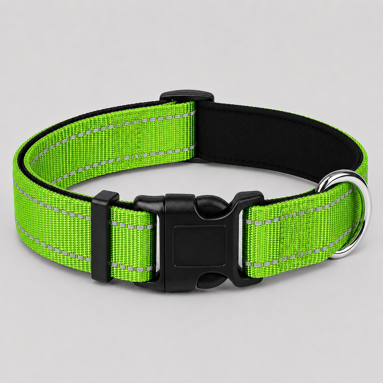 Lime Green dog collar with reflective stripes on a grey background