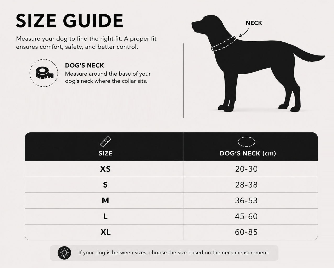 Dog collar size guide with measurements for neck circumference