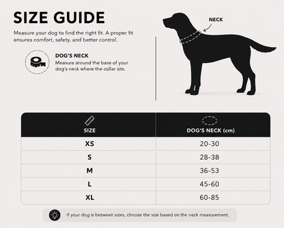 Dog collar size guide with measurements for neck circumference