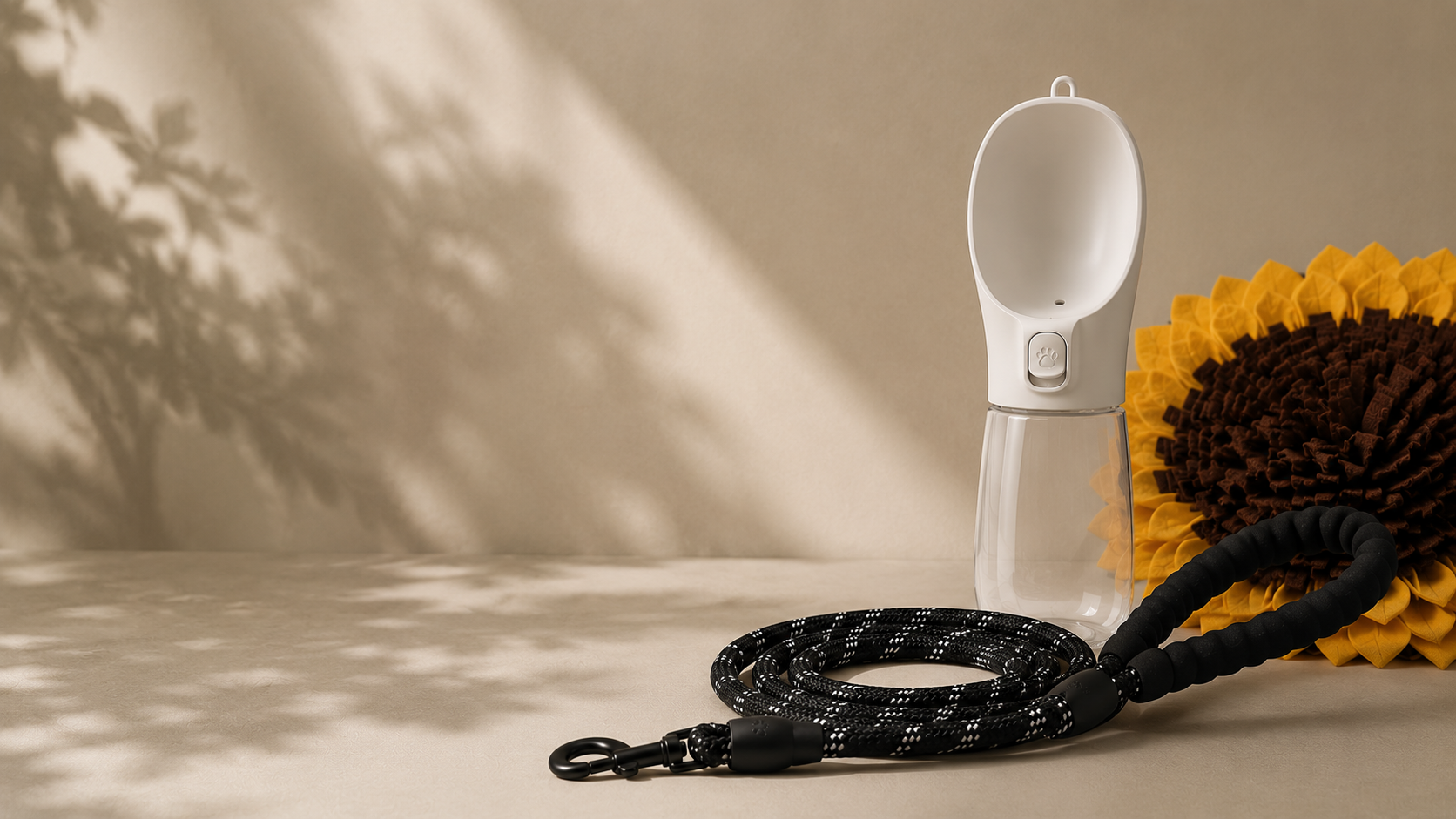 White portable dog water bottle with a black reflective dog leash rolled up with a sunflower dog snuffle mat position on a beige background with soft shadows