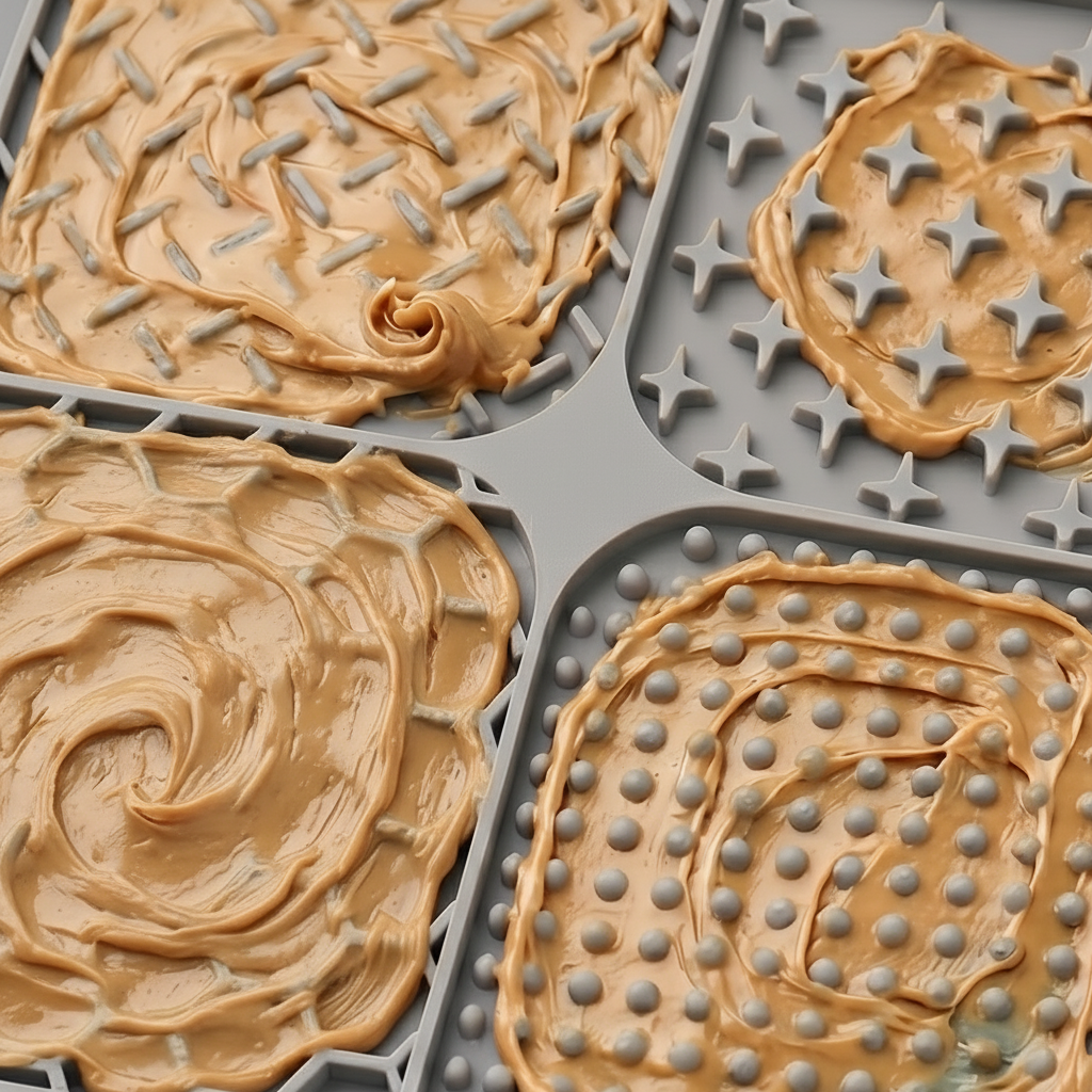 Grey dog lick textured mat with various patterns smeared with peanut butter
