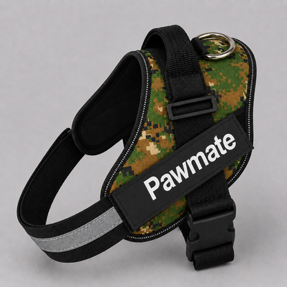 Camouflage dog harness with reflective strip on a gray background