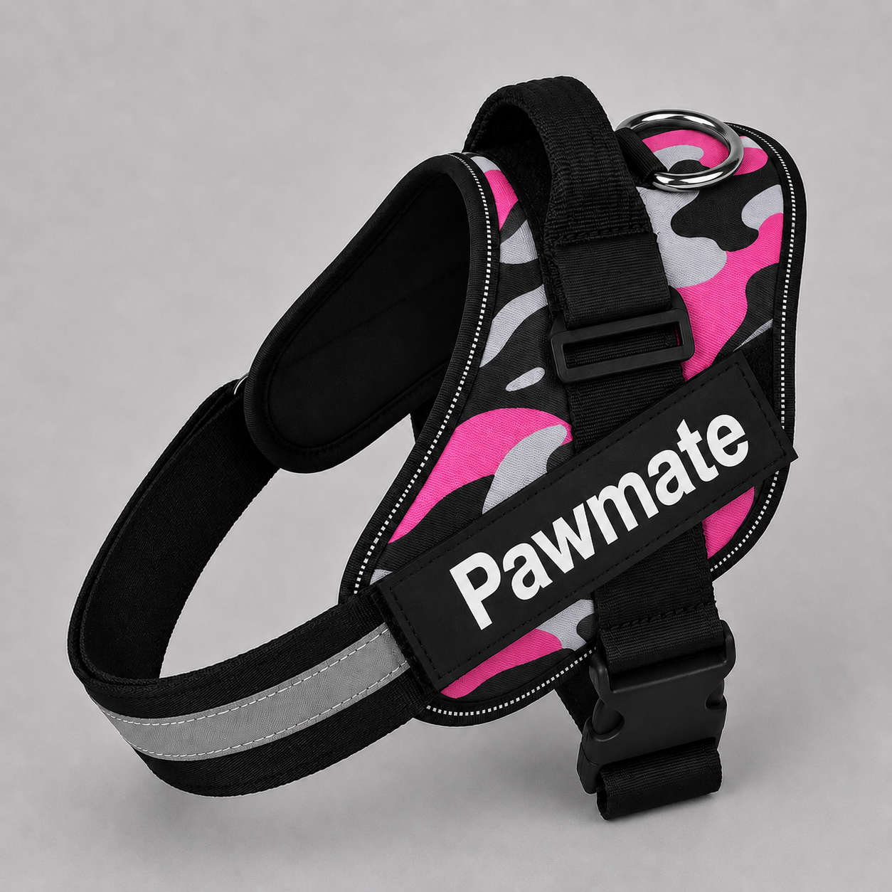 Dog harness with pink and black camouflage pattern on a gray background
