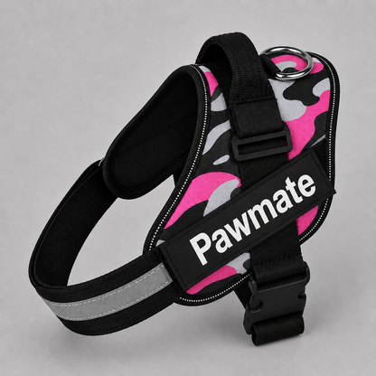 Dog harness with pink and black camouflage pattern on a gray background