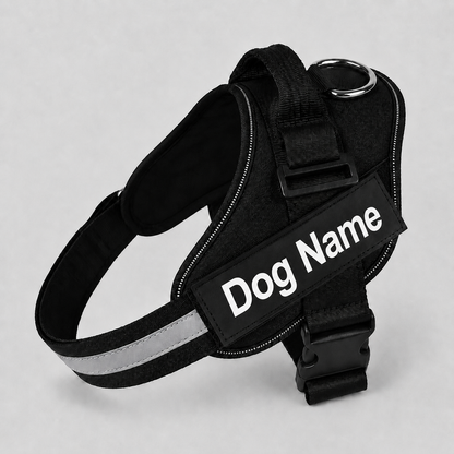 Black dog harness with 'Dog Name' label on a light grey background