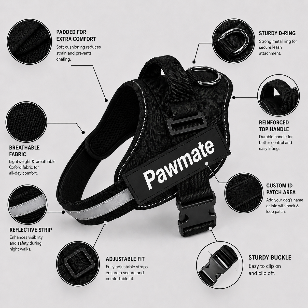 Black dog harness with features highlighted on a grey background