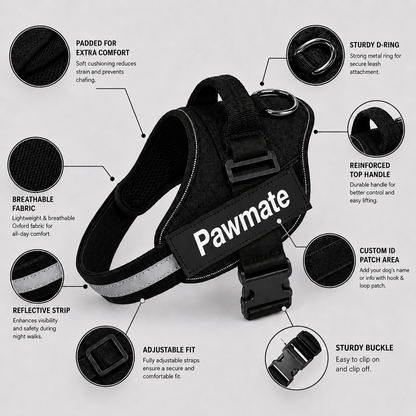 Black dog harness with features highlighted on a grey background