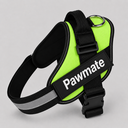 Dog harness with reflective strip on a gray background