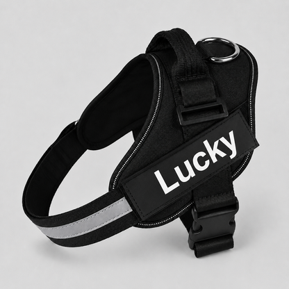 Black dog harness with 'Lucky' label on a light gray background