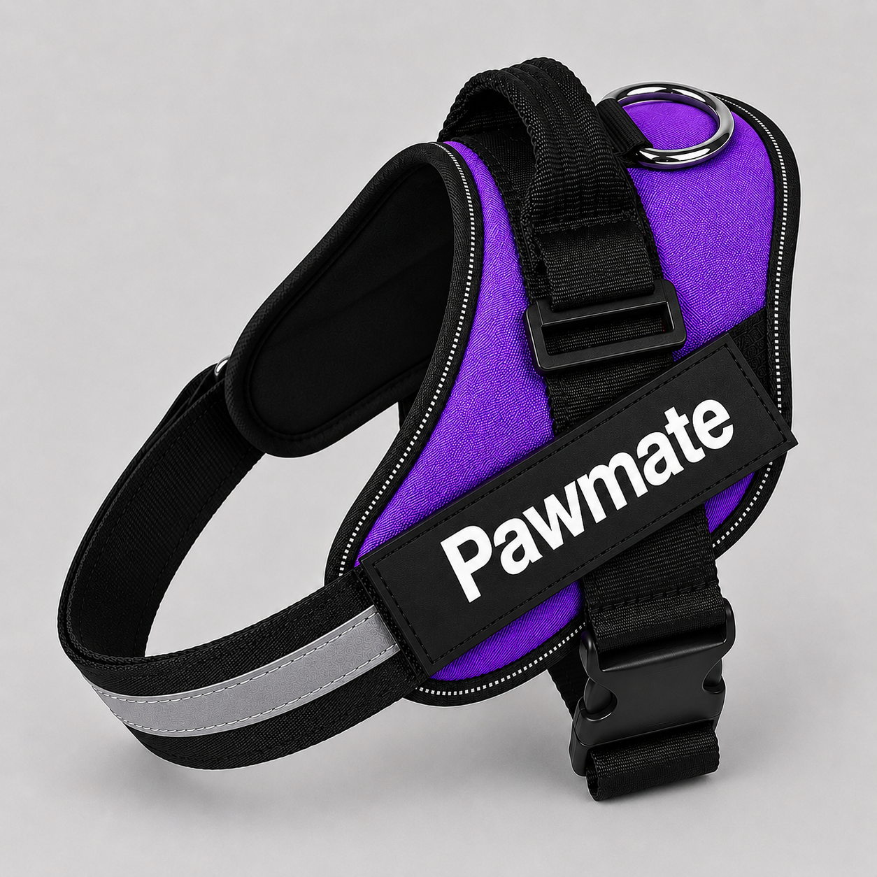 Purple dog harness with black straps and reflective strip on a gray background