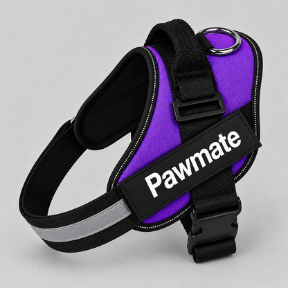 Purple dog harness with black straps and reflective strip on a gray background