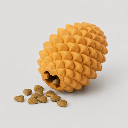Dog toy with textured surface and a small opening, containing dog treats on a light gray background