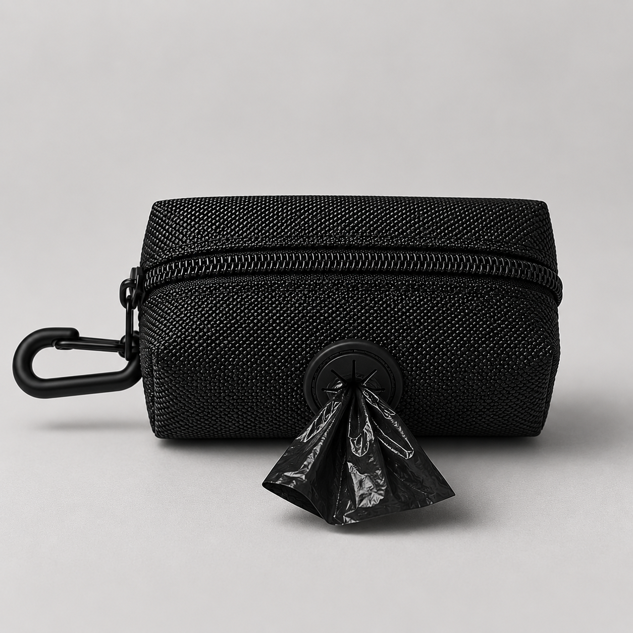Black waste bag holder with a plastic bag attached on a light gray background