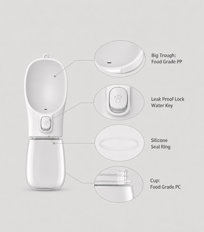 Pet water bottle with features highlighted on a light gray background