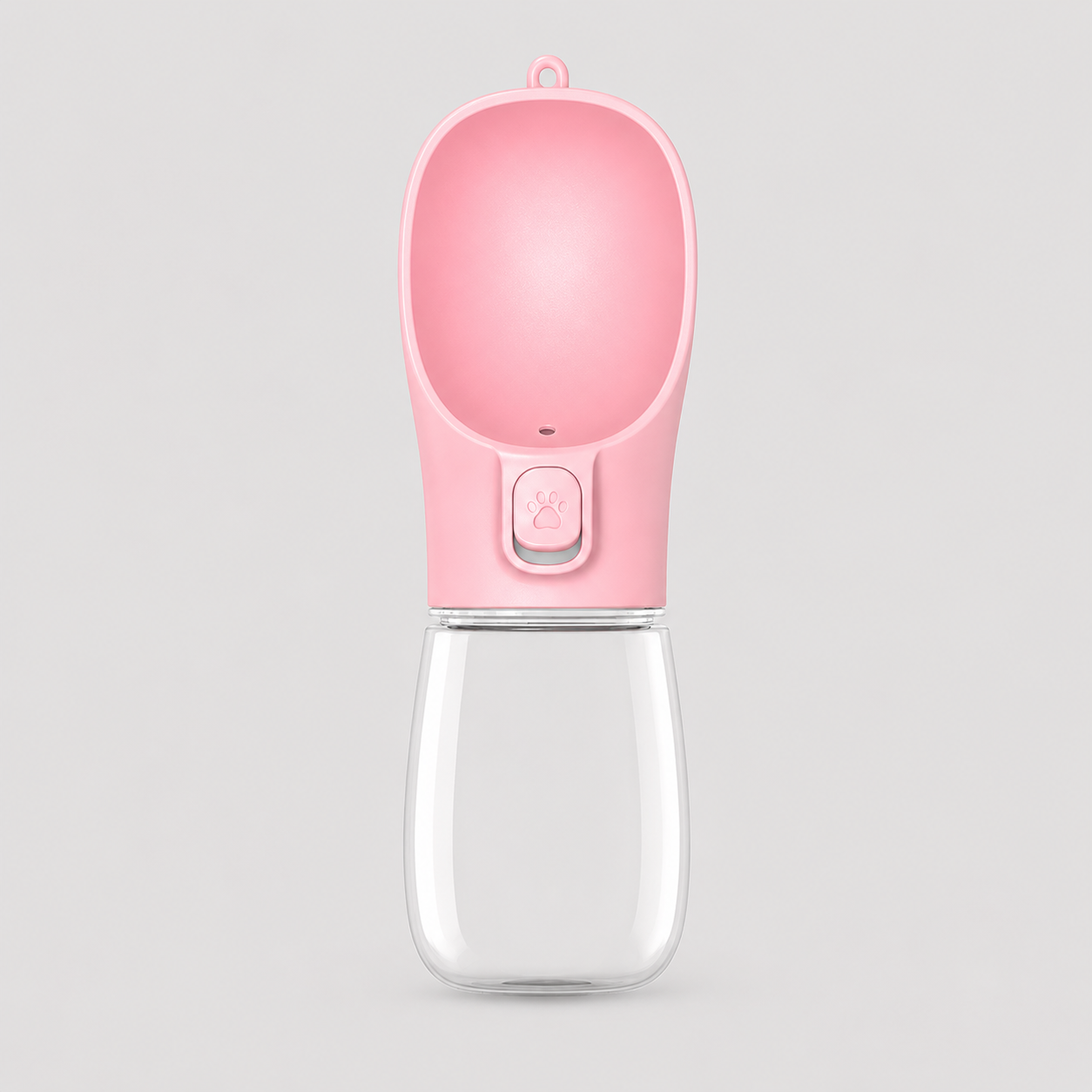 Pink pet water bottle with clear base on a light gray background