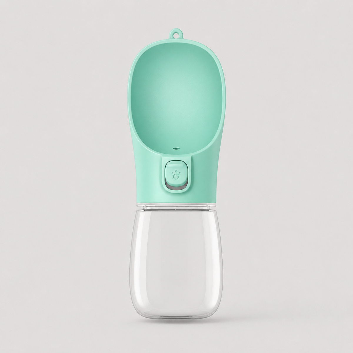 Mint green pet water bottle with clear base on a light gray background