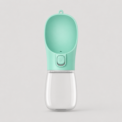 Mint green pet water bottle with clear base on a light gray background
