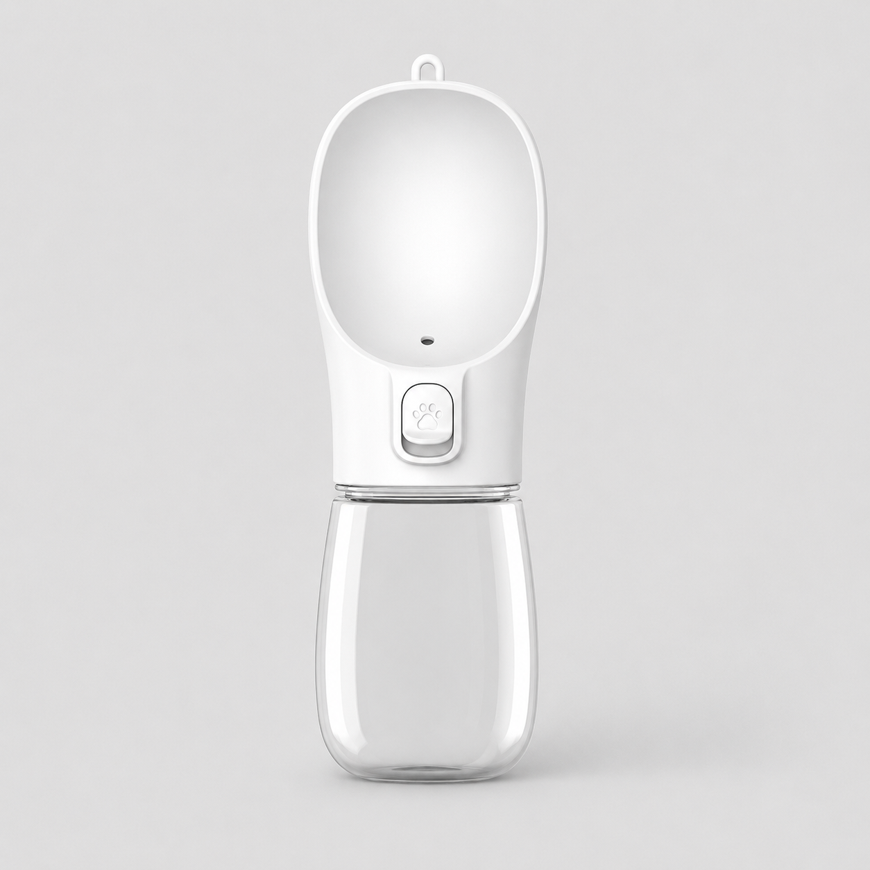 White pet water bottle with clear container on a light gray background