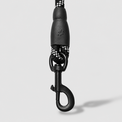 Black dog leash with metal clasp on a light gray background
