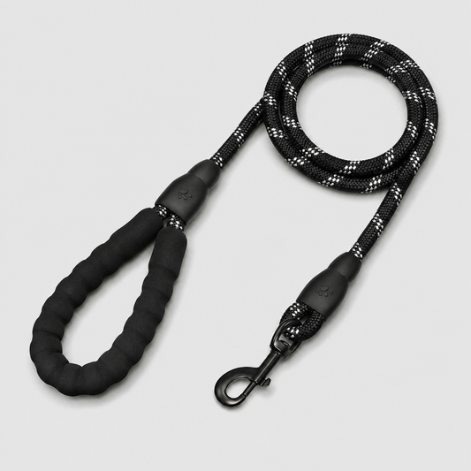 Black dog leash with reflective pattern on a light gray background