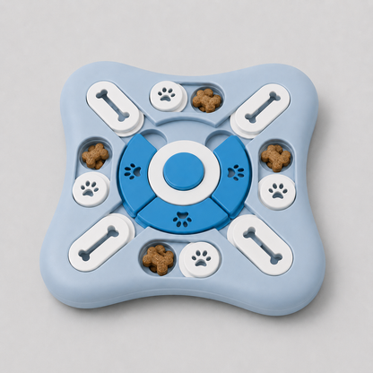 Blue and white puzzle toy for dogs with dog treats on a grey background