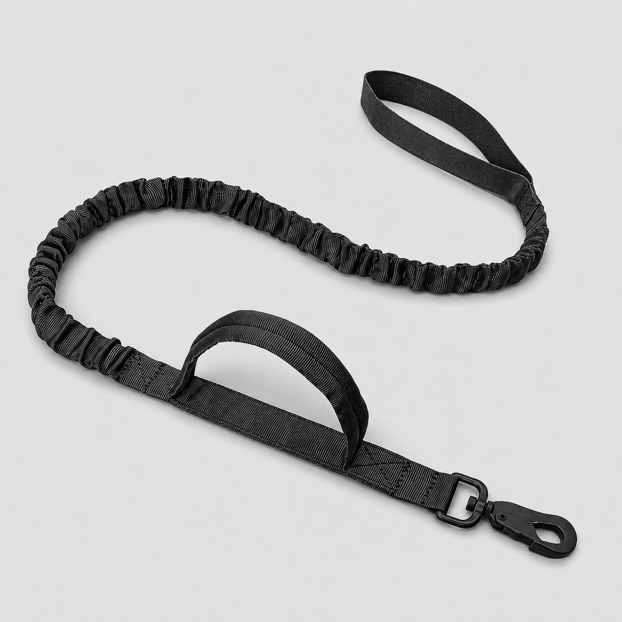 Black dog leash on a light grey background