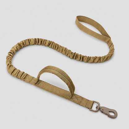 Brown dog leash with handle and clip on a light grey background