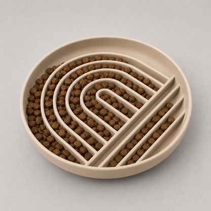 Bone dog slow feeder bowl with a wave design filled with brown kibble on a light gray background